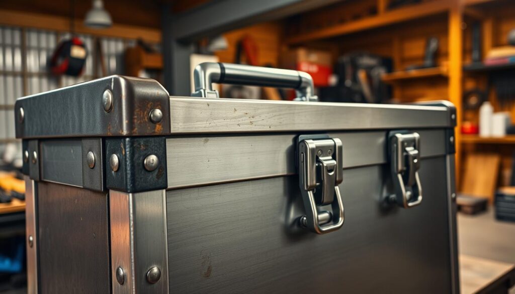 A durable toolbox constructed with sturdy metal panels, its exterior adorned with a rugged, brushed steel finish. The foreground showcases the toolbox's reinforced corners and heavy-duty hinges, exuding an impression of resilience. In the middle ground, the toolbox's recessed handles and lockable latches come into focus, highlighting its secure and practical design. The background features a scene of a well-lit workshop, with a warm, inviting ambiance created by soft, directional lighting that casts subtle shadows, emphasizing the toolbox's solid build quality.