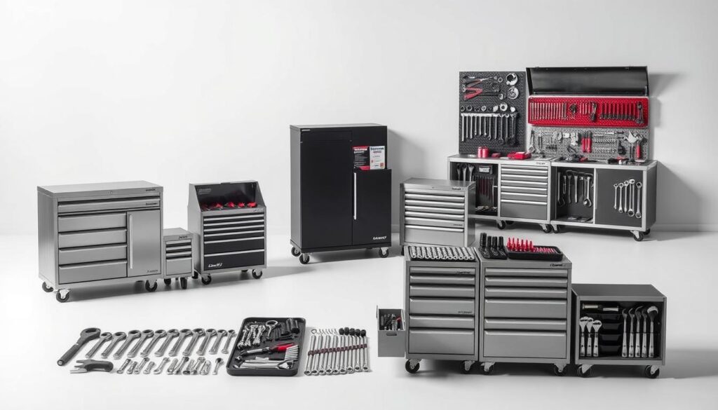 A highly detailed, professional-grade image of various mechanic tool storage solutions, showcased in a sleek, organized display against a neutral backdrop. The foreground features a range of tool chests, cabinets, and storage units in metallic finishes, each neatly arranged with an assortment of wrenches, sockets, and other tools meticulously placed. The middle ground showcases a well-lit, minimalist environment, with subtle shadows and highlights that accentuate the design and functionality of the storage solutions. The background is a clean, uncluttered space, allowing the tools and storage units to take center stage. The overall mood is one of efficiency, organization, and the professional pride of a well-equipped mechanic's workspace. A highly detailed, professional-grade image of various mechanic tool storage solutions, showcased in a sleek, organized display against a neutral backdrop. The foreground features a range of tool chests, cabinets, and storage units in metallic finishes, each neatly arranged with an assortment of wrenches, sockets, and other tools meticulously placed. The middle ground showcases a well-lit, minimalist environment, with subtle shadows and highlights that accentuate the design and functionality of the storage solutions. The background is a clean, uncluttered space, allowing the tools and storage units to take center stage. The overall mood is one of efficiency, organization, and the professional pride of a well-equipped mechanic's workspace.