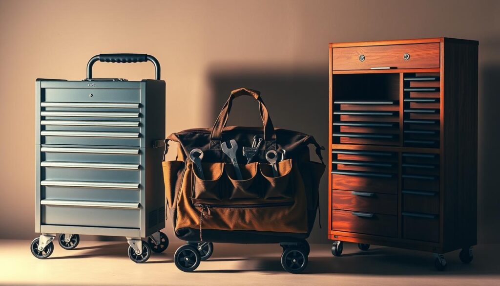 A meticulously arranged still life showcasing three distinct tool boxes side by side: a sturdy rolling tool chest in metallic gray, a compact portable tool bag in durable canvas, and a spacious stationary tool cabinet in rich wood tones. The boxes are illuminated by warm, directional lighting, casting dramatic shadows and highlighting their unique features - the rolling box's durable casters, the portable bag's multiple pockets, and the cabinet's numerous drawers. The composition emphasizes the contrasts in size, mobility, and storage capacity, inviting the viewer to closely examine and compare the advantages of each tool box type. A meticulously arranged still life showcasing three distinct tool boxes side by side: a sturdy rolling tool chest in metallic gray, a compact portable tool bag in durable canvas, and a spacious stationary tool cabinet in rich wood tones. The boxes are illuminated by warm, directional lighting, casting dramatic shadows and highlighting their unique features - the rolling box's durable casters, the portable bag's multiple pockets, and the cabinet's numerous drawers. The composition emphasizes the contrasts in size, mobility, and storage capacity, inviting the viewer to closely examine and compare the advantages of each tool box type.