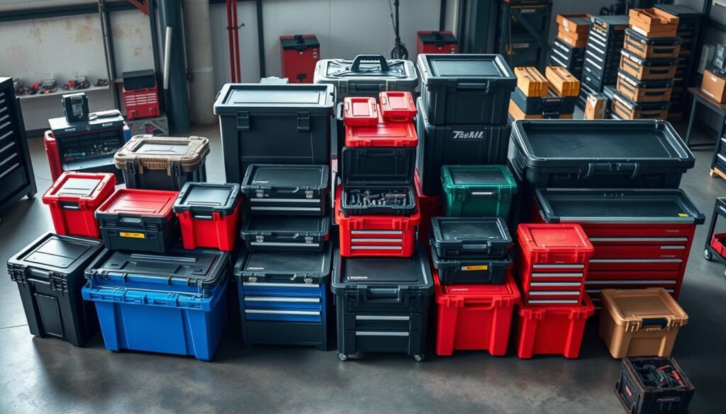 A meticulously crafted display of modular tool box systems, showcasing their evolution and versatility. A well-lit, high-angle shot captures the dynamic arrangement of interlocking containers, their sleek lines and vibrant colors accentuated by strategic shadows. The foreground features a selection of the latest, innovative designs, their modular components seamlessly interlocking. The middle ground highlights the modular flexibility, with various configurations and storage solutions. The background subtly implies the industrial heritage, with a hint of a workshop setting, emphasizing the practical functionality of these advanced tool storage systems. The entire scene exudes a sense of efficiency, organization, and the march of progress in the world of professional tools and equipment.