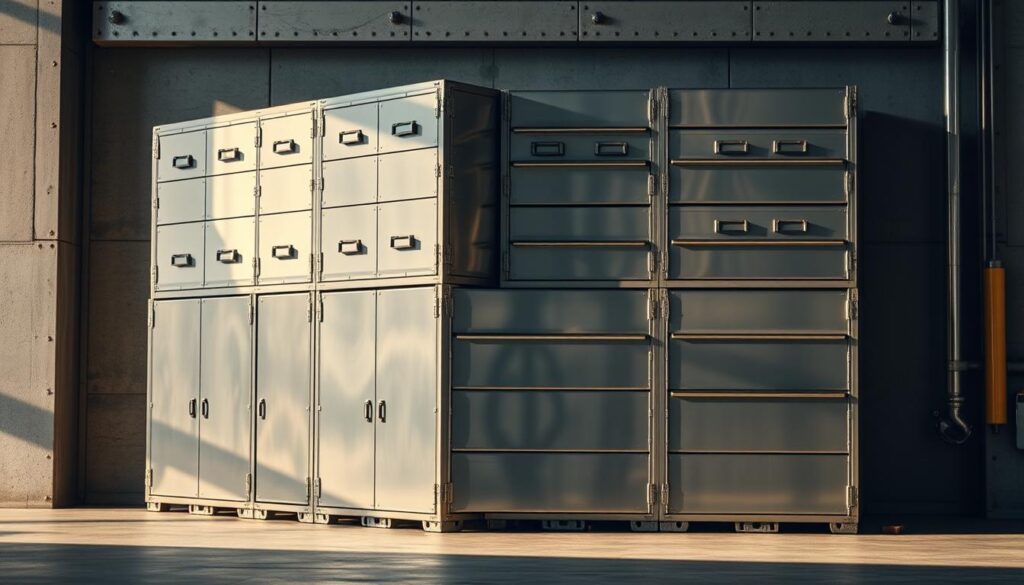 A rugged, industrial-style tool storage solution stands tall against a backdrop of concrete and steel. Gleaming metal toolboxes, featuring reinforced corners and heavy-duty latches, are arranged in a visually striking grid pattern. Soft, warm lighting casts dramatic shadows, highlighting the robust construction and attention to detail. The scene conveys a sense of durability, functionality, and a no-nonsense attitude befitting a true "jobsite-proof" tool storage system. The perspective is slightly elevated, allowing the viewer to appreciate the impressive scale and imposing presence of this practical, high-performance storage system.
