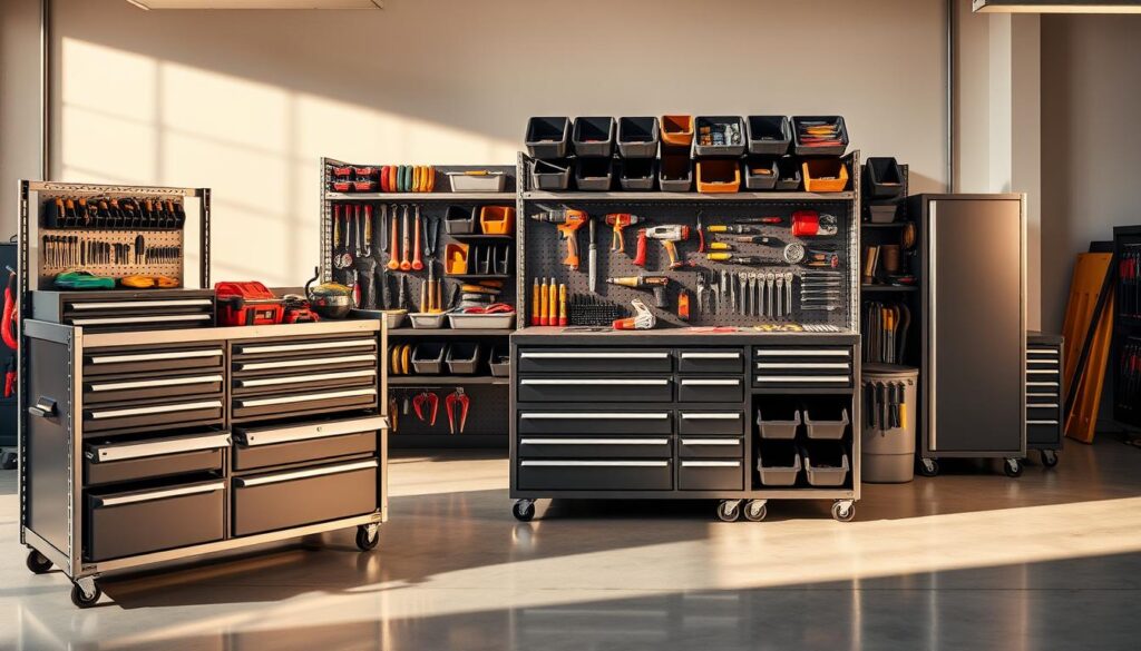 A sleek, modular tool storage system made of sturdy metal and high-impact plastic components. The foreground features an array of interchangeable drawers, bins, and trays neatly organized to hold a variety of power tools, hand tools, and accessories. The middle ground showcases the modular design, with seamlessly interlocking units that can be stacked, mounted, or configured in various ways to suit different workspace needs. The background depicts a clean, well-lit workshop setting, with warm lighting casting shadows that accentuate the system's crisp lines and robust construction. The overall aesthetic conveys a sense of efficiency, durability, and versatility - key features for a premium tool storage solution.