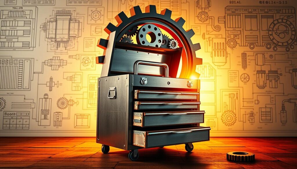 A toolbox emerging from a mechanical cog, its drawers and compartments transforming into gears and pistons, conveying the evolution of tool storage and organization. Against a background of technical blueprints and engineering diagrams, the toolbox stands as the centerpiece, bathed in warm, golden lighting that highlights its intricate, metal construction. The scene exudes a sense of progress, innovation, and the vital role that the right toolbox plays in empowering skilled tradespeople to accomplish their work with efficiency and precision.