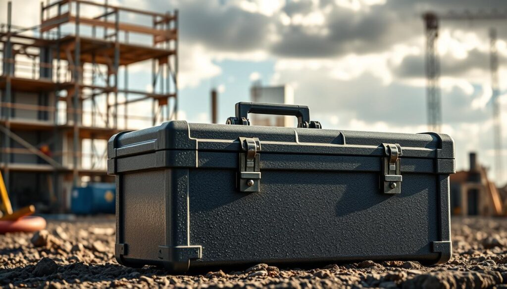 A weather-resistant, heavy-duty tool box made of thick steel with a powder-coated finish stands on a rugged construction site. The box has reinforced corners, lockable latches, and a sturdy handle for easy transport. Sunlight filters through clouds, casting dramatic shadows across the textured surface. The tool box is placed in the foreground, with a blurred background of a partially-constructed building, scaffolding, and construction equipment. The overall scene conveys a sense of durability, reliability, and the tool box's ability to withstand the demands of various worksites.