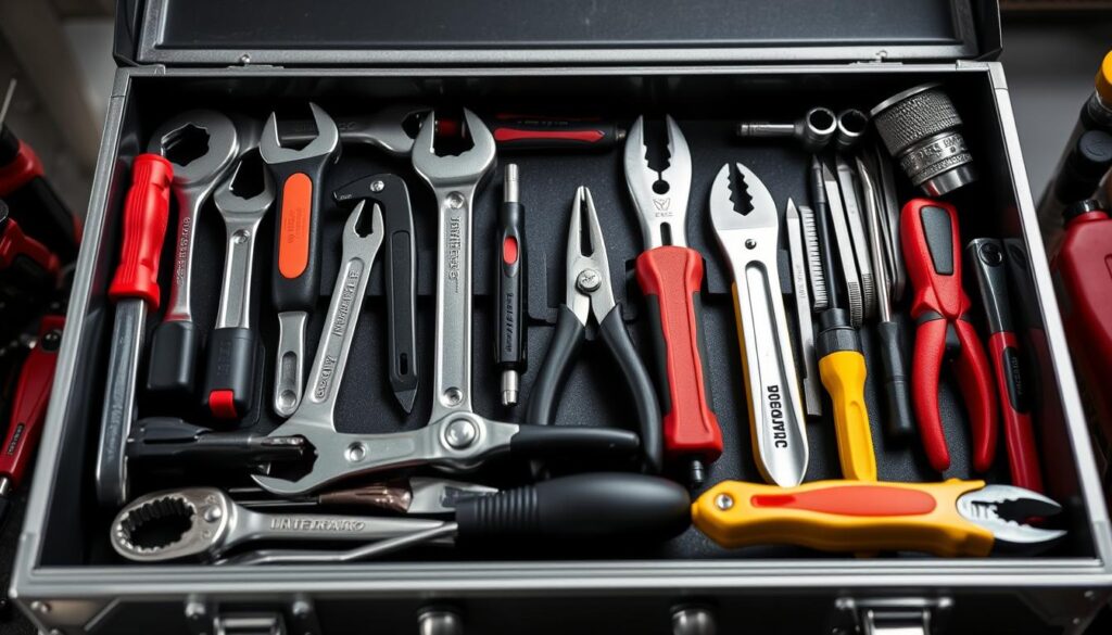 A well-lit, close-up view of a neatly organized toolbox, showcasing its contents in a visually appealing manner. The toolbox is made of sturdy metal, with a sleek, modern design. The interior features carefully arranged compartments, each holding a variety of high-quality tools, from wrenches and pliers to screwdrivers and utility knives. The tools are presented in a way that emphasizes their functionality and the overall efficiency of the toolbox setup. The image conveys a sense of order, control, and the benefits of having a well-organized workspace, highlighting how such an arrangement can facilitate productivity and ease of use for the homeowner or professional mechanic.