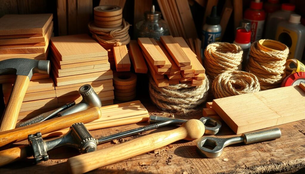 A well-lit, detailed still life scene of various wooden tool box materials arranged on a rustic wooden surface. In the foreground, a selection of hand tools including a hammer, a chisel, a wrench, and a screwdriver. In the middle ground, stacks of smooth wooden boards, wooden dowels, and a coil of rope. In the background, an assortment of other workshop supplies like sandpaper, wood glue, and a tape measure. The scene is lit from the side, casting warm, natural shadows that accentuate the textures of the materials. The overall mood is one of craftsmanship and DIY preparedness. A well-lit, detailed still life scene of various wooden tool box materials arranged on a rustic wooden surface. In the foreground, a selection of hand tools including a hammer, a chisel, a wrench, and a screwdriver. In the middle ground, stacks of smooth wooden boards, wooden dowels, and a coil of rope. In the background, an assortment of other workshop supplies like sandpaper, wood glue, and a tape measure. The scene is lit from the side, casting warm, natural shadows that accentuate the textures of the materials. The overall mood is one of craftsmanship and DIY preparedness.