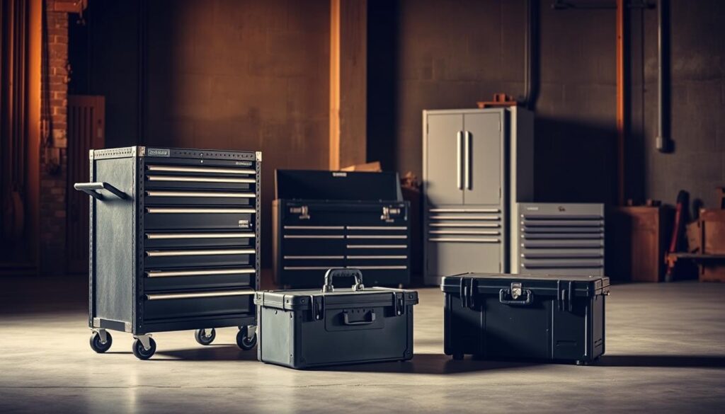 A well-lit industrial scene depicting a comparison of three distinct tool boxes - a rolling tool chest, a portable tool box, and a stationary tool cabinet. The rolling tool chest stands tall in the foreground, its sturdy metal frame and numerous drawers showcasing its organizational capabilities. Next to it, the portable tool box, compact and easy to transport, rests on the concrete floor. In the background, the stationary tool cabinet looms, its tall design and multiple compartments hinting at its storage capacity. Warm, directional lighting casts dramatic shadows, emphasizing the form and texture of each tool box. The scene is captured from a slightly elevated angle, allowing the viewer to fully appreciate the unique features and capabilities of each tool box type. A well-lit industrial scene depicting a comparison of three distinct tool boxes - a rolling tool chest, a portable tool box, and a stationary tool cabinet. The rolling tool chest stands tall in the foreground, its sturdy metal frame and numerous drawers showcasing its organizational capabilities. Next to it, the portable tool box, compact and easy to transport, rests on the concrete floor. In the background, the stationary tool cabinet looms, its tall design and multiple compartments hinting at its storage capacity. Warm, directional lighting casts dramatic shadows, emphasizing the form and texture of each tool box. The scene is captured from a slightly elevated angle, allowing the viewer to fully appreciate the unique features and capabilities of each tool box type.