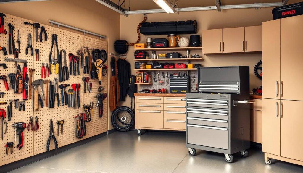 A well-organized garage workshop with sleek, modular tool storage solutions. In the foreground, neatly arranged pegboards and drawer units in neutral tones, meticulously displaying a variety of hand tools. The middle ground showcases a sturdy, yet space-efficient rolling tool chest, its drawers efficiently storing power tools and accessories. In the background, shelves and cabinets line the walls, housing larger tools and supplies in a clean, organized manner. Warm, diffused lighting casts a practical glow, highlighting the practical and cost-effective nature of these storage solutions. A sense of efficiency and professionalism permeates the scene, reflecting the value of investing in quality tool storage for the modern tradesperson.