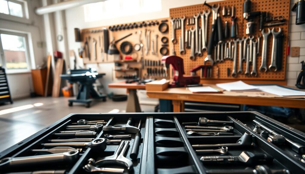A well-organized tool box in a bright, airy workshop. The foreground showcases an array of precision tools meticulously arranged in their designated compartments, casting subtle shadows. The middle ground features a pegboard display holding a variety of wrenches, sockets, and other essential mechanics' tools, each neatly hung in its place. In the background, a workbench with a vise and scattered paperwork suggests an active workspace, illuminated by natural light filtering through large windows. The overall scene conveys a sense of order, efficiency, and the pride a skilled mechanic takes in maintaining a tidy, functional work environment. A well-organized tool box in a bright, airy workshop. The foreground showcases an array of precision tools meticulously arranged in their designated compartments, casting subtle shadows. The middle ground features a pegboard display holding a variety of wrenches, sockets, and other essential mechanics' tools, each neatly hung in its place. In the background, a workbench with a vise and scattered paperwork suggests an active workspace, illuminated by natural light filtering through large windows. The overall scene conveys a sense of order, efficiency, and the pride a skilled mechanic takes in maintaining a tidy, functional work environment.
