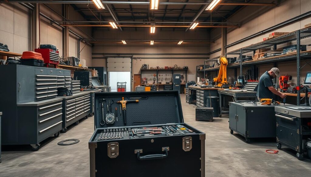 A well-organized workshop with an assortment of sturdy, metal tool boxes arranged neatly on workbenches. In the foreground, a toolbox lid is lifted, revealing an array of precision tools meticulously organized inside. Beams of warm, directional lighting illuminate the scene, casting subtle shadows that emphasize the depth and texture of the materials. In the middle ground, various tools and equipment are being put through a series of rigorous tests, simulating real-world jobsite conditions. The background depicts a clean, industrial environment with concrete floors and steel shelving, conveying a sense of professionalism and attention to detail. The overall mood is one of efficiency, durability, and a commitment to thoroughly evaluating the toughest tool boxes.