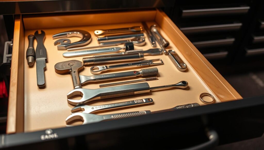 An organized toolbox drawer with carefully arranged tools, viewed from an angled, slightly overhead perspective. The layout showcases a precise, well-thought-out system, with tools neatly grouped by type and size. Warm, directional lighting accentuates the metallic surfaces, creating a sense of depth and highlighting the careful attention to detail. The drawer's interior is made of a light-colored material, providing a clean, uncluttered backdrop that allows the tools to stand out. An air of professionalism and efficiency pervades the scene, reflecting the principles of effective tool organization.
